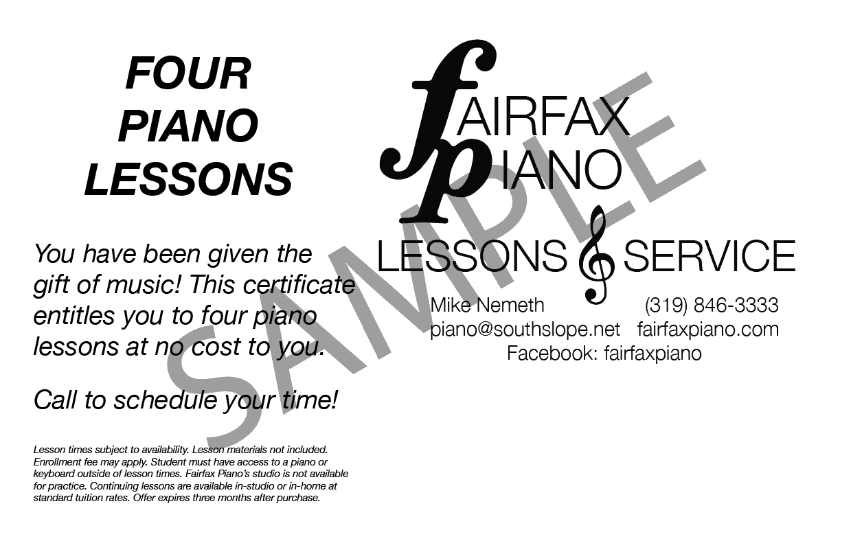 Fairfax Piano lessons gift certificate
