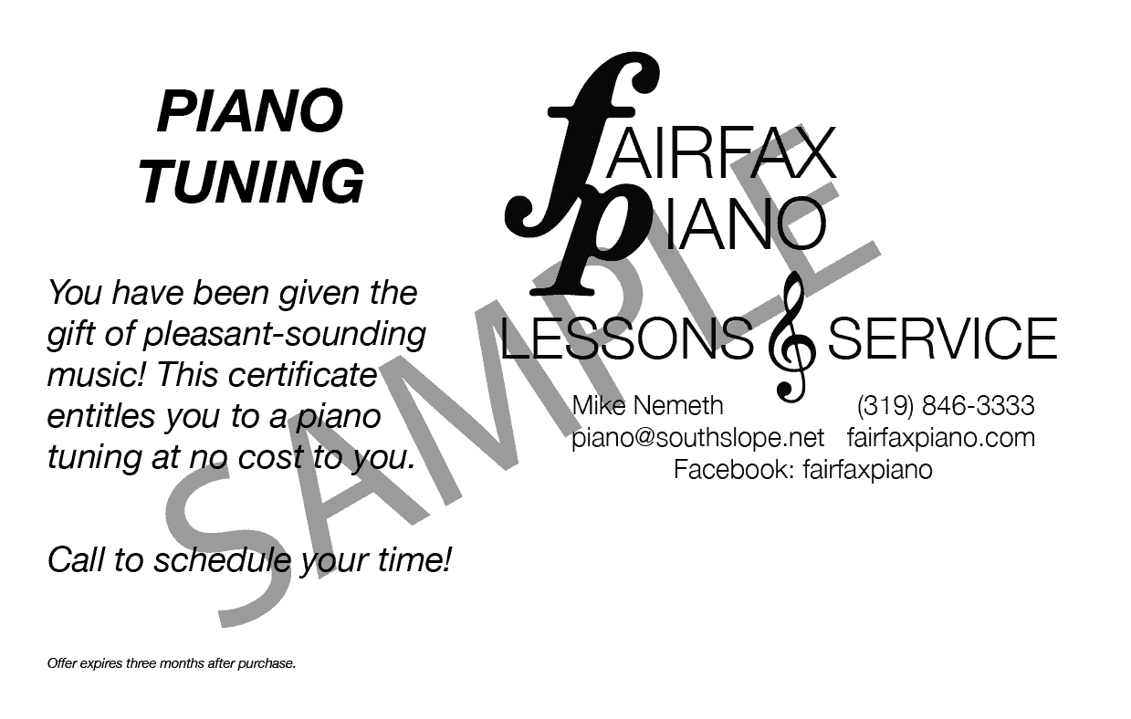 Fairfax Piano tuning gift certificate